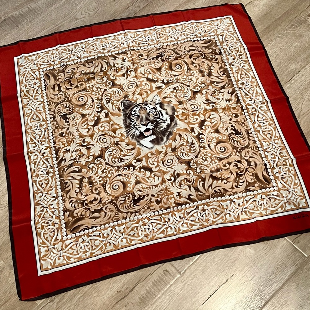 Vintage Krizia silk scarf tiger Red 34.5” x 34.5”